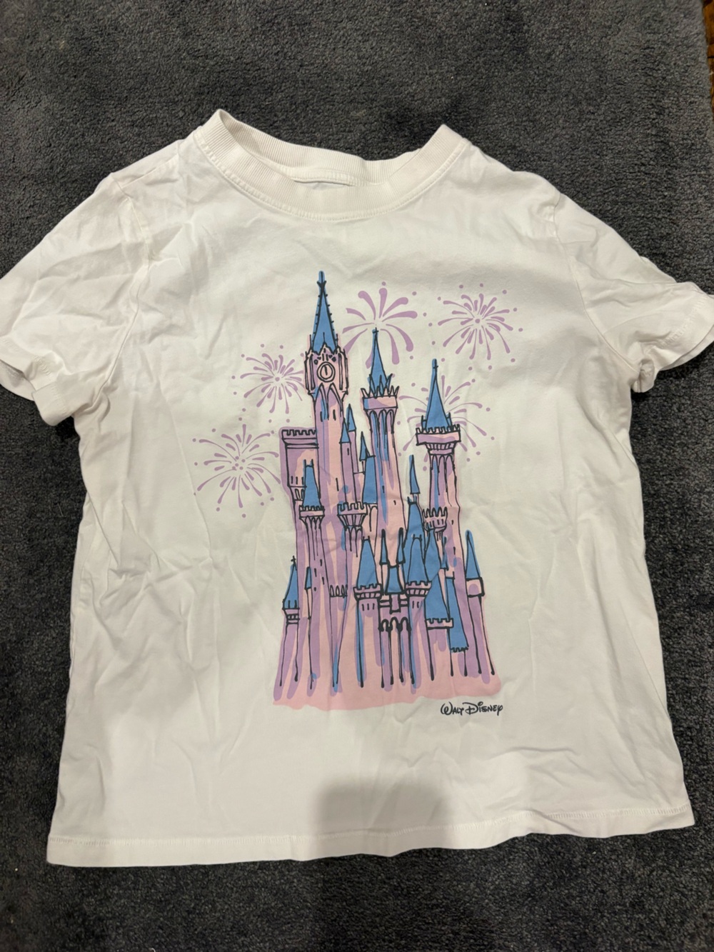 Disney White Short Sleeve Castle Tee with Pink & Blue Graphic